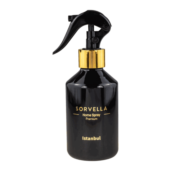 Juodos spalvos purškiklis su aukso detalėmis, namų kvapų puršktuvas.