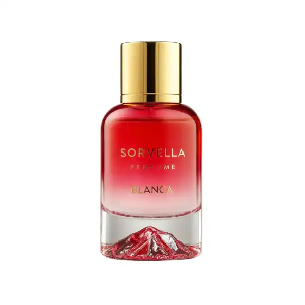 Aukšto kokybės moteriška kvepalų buteliukas su raudonu skysčiu ir aukso dangteliu.