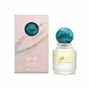 Kvepalų buteliukas ir dėžutė su mėlynu rutuliu, Sorvella Galaxy Abell kolekcija.