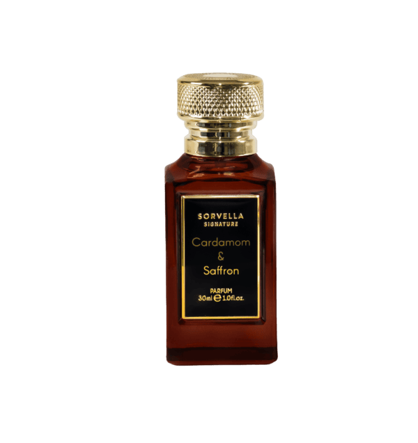 Unisex kvepalų buteliukas su aukso detalėmis, Cardamomo ir Saffron aromatas.